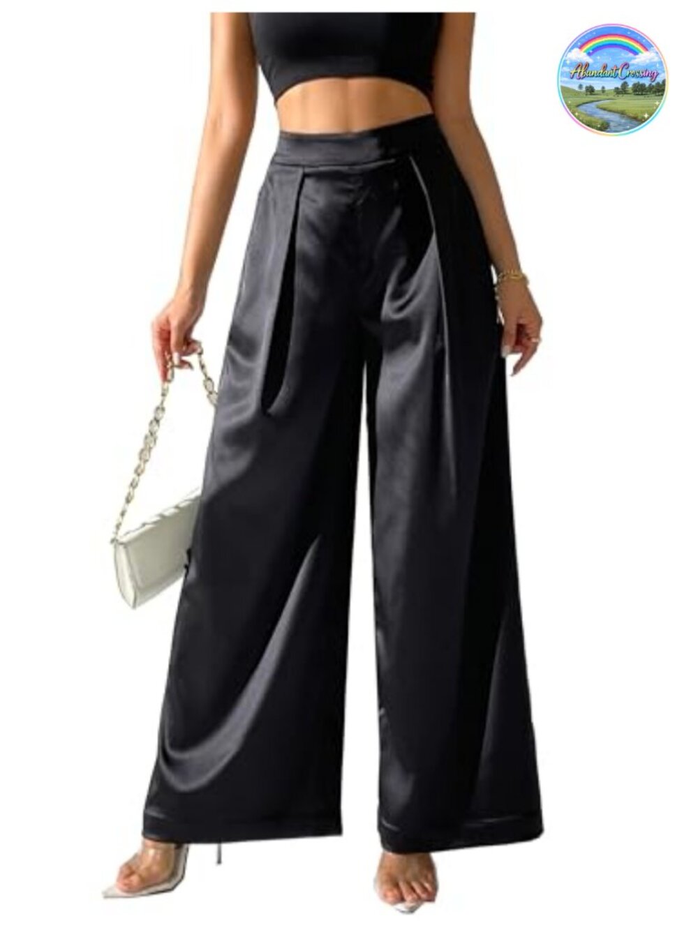 Satin Wide Leg Palazzo Pants Pleated High Waist Silky Pull On Party Trouser